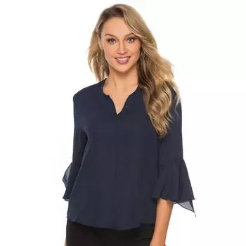 Летняя повседневная простая шифоновая рубашка с V-образным вырезом, новая модная элегантная свободная блузка больших размеров, элегантные топы с расклешенными рукавами, женская одежда M тёмно-синий