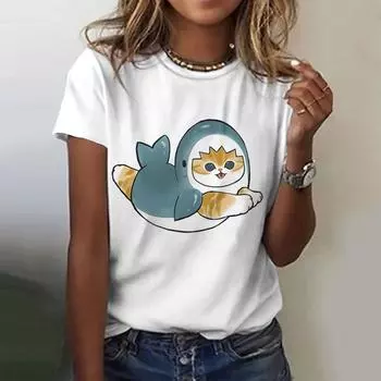 Летняя повседневная простая женская белая футболка с модным принтом в виде мультяшного узора, универсальная свободная футболка с круглым вырезом и коротким рукавом S