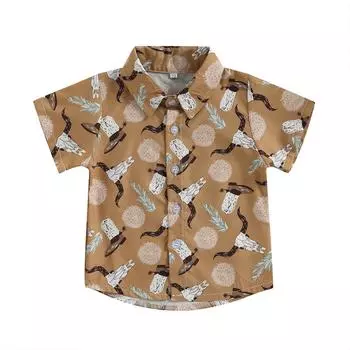 Летняя повседневная рубашка для мальчиков 6 мес, 12 мес, 18 мес, 24 мес, 3 года, 4 года, топы на пуговицах с короткими рукавами и лацканами с западными элементами и принтом 18-24 Months бежевый