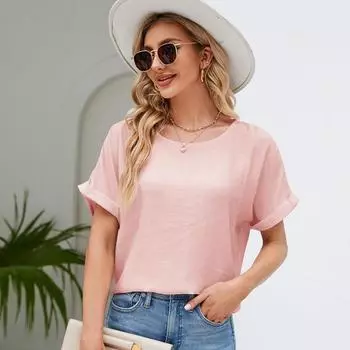 Летняя повседневная рубашка из хлопка и льна с круглым вырезом, женская свободная однотонная повседневная блузка с коротким рукавом, офисные женские топы, винтажные рубашки больших размеров 24670 S небесно-голубой