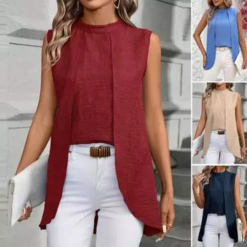 Летняя повседневная рубашка с круглым вырезом, базовая футболка без рукавов, однотонная, свободная посадка, повседневная повседневная рубашка с нерегулярным подолом S синий