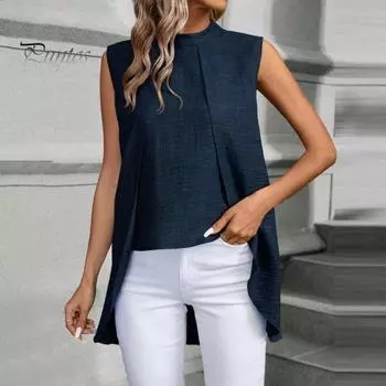 Летняя повседневная рубашка с круглым вырезом, базовая футболка без рукавов, однотонная, свободного покроя, повседневная майка с нерегулярным подолом, повседневная одежда S синий