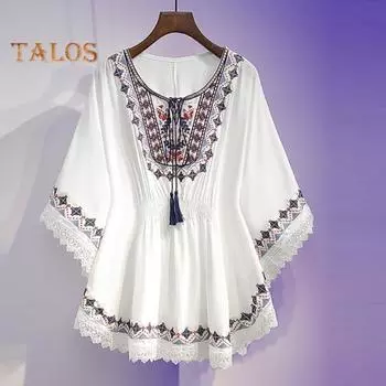 Летняя повседневная рубашка с круглым вырезом и половиной рукава, эластичная высокая талия, свободный подол, пуловеры, топы на шнуровке, вышивка, шифоновые топы с кружевной отделкой XL белый