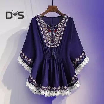 Летняя повседневная рубашка с круглым вырезом и половиной рукава, эластичная высокая талия, свободный подол, пуловеры, топы на шнуровке, вышивка, шифоновые топы с кружевной отделкой 2XL темно-синий