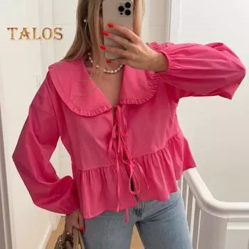 Летняя повседневная рубашка с лацканами-фонариками и длинными рукавами на шнуровке, однотонная рубашка с рюшами по низу, свободная посадка, женская рубашка, топы S белый