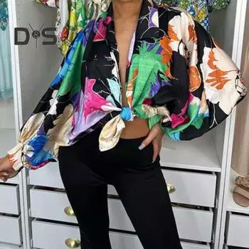 Летняя повседневная рубашка с лацканами и длинными рукавами, рубашка с абстрактным принтом, яркий цвет, свободный крой, топ на шнуровке, рабочие топы для поездок на работу M зелёный