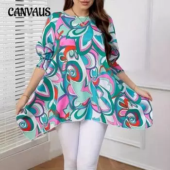 Летняя повседневная рубашка с принтом больших размеров, женская свободная асимметричная блузка 0XL разноцветный