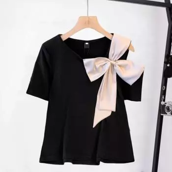 Летняя повседневная рубашка свободного кроя с круглым вырезом и открытыми плечами, с короткими рукавами, однотонный пуловер с декором бантом, топы 3XL хаки