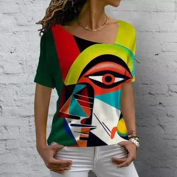 Летняя повседневная рубашка свободного покроя с принтом, футболка с V-образным вырезом, женская свободная ретро-футболка, уличная одежда Y2K с коротким рукавом S