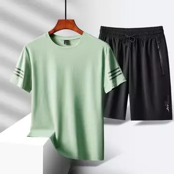 Летняя повседневная спортивная футболка и шорты, мужской костюм из двух частей из ледяного шелка с короткими рукавами больших размеров L чёрный