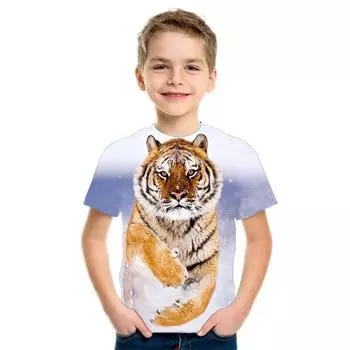 Летняя повседневная свободная футболка с короткими рукавами и 3D рисунком, детская футболка с забавными животными, рубашки с волком и тигром, детский топ для мальчиков и девочек 100