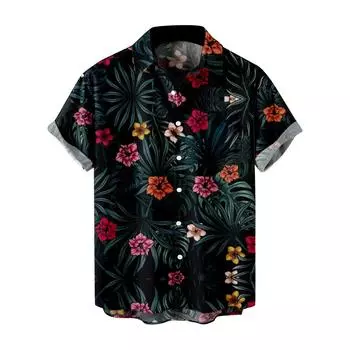 Летняя повседневная свободная льняная рубашка с пятиточечным рукавом и индивидуальным принтом XXXXL чёрный