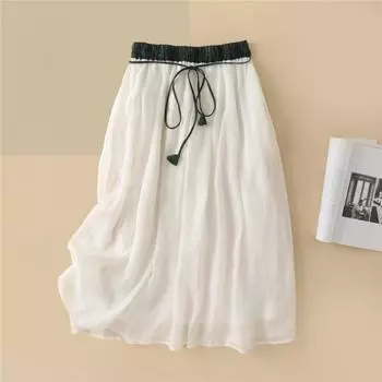 Летняя повседневная свободная однотонная юбка А-силуэта средней длины с эластичной талией для женщин M белый
