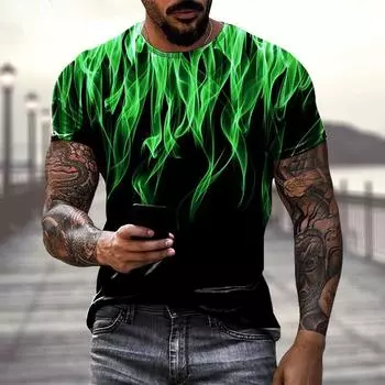 Летняя повседневная уличная одежда в стиле хип-хоп, новая мужская футболка с 3D пламенем S чёрный