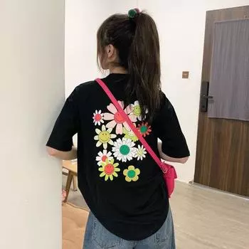 Летняя повседневная универсальная футболка с цветочным принтом в стиле Instagram, небольшой свежий свободный топ с короткими рукавами OneSize чёрный