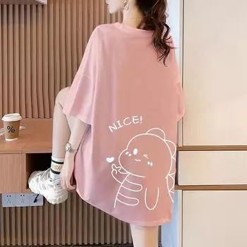 Летняя повседневная женская длинная футболка из 100% полиэстера с геометрическим принтом медведя - круглый вырез, короткий рукав, свитера, 185 г/м - SLOY M белый