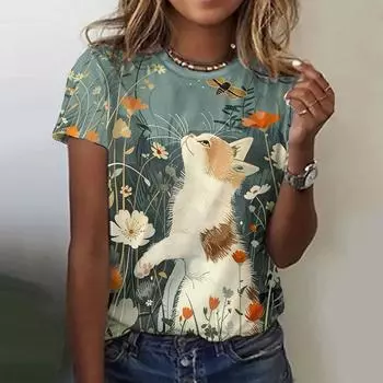 Летняя повседневная женская футболка с круглым вырезом, повседневная свободная футболка в стиле ретро с рисунком кошки на 3D-принте, женская футболка S