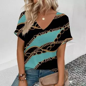 Летняя повседневная женская футболка с V-образным вырезом, винтажный узор в виде золотого ожерелья, модная женская футболка с короткими рукавами и принтом XS