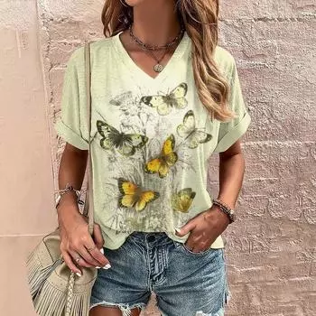Летняя повседневная женская футболка с V-образным вырезом и принтом «Бабочка» на 3D-принте S