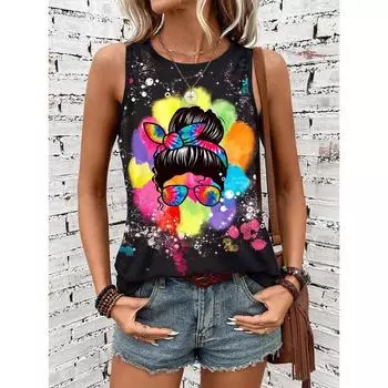 Летняя повседневная женская майка с круглым вырезом, уличная женская модная футболка без рукавов с абстрактным принтом, женская майка S