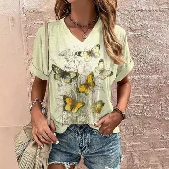 Летняя повседневная женская рубашка с принтом бабочек для поездок на работу, элегантная, с V-образным вырезом и короткими рукавами S