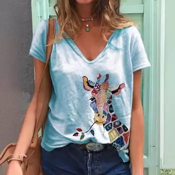 Летняя повседневная женская рубашка с принтом оленя для поездок на работу, элегантная с V-образным вырезом и короткими рукавами, футболки женские S