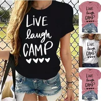 Летняя принтованная свободная рубашка с круглым вырезом из чистого хлопка с короткими рукавами Футболки женские S чёрный