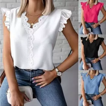 Летняя простая кружевная рубашка в стиле пэчворк с оборками и V-образным вырезом для женщин S белый