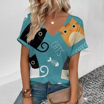 Летняя простая модная футболка с V-образным вырезом, свободная повседневная футболка с коротким рукавом и принтом кота в 3D-формате, женская S