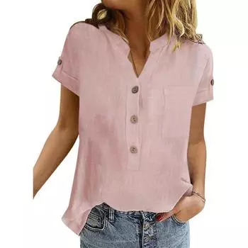 Летняя простая рубашка из хлопка и льна в стиле ретро с карманами в стиле пэчворк для женщин, повседневная блузка с V-образным вырезом и коротким рукавом, однотонная блузка S белый