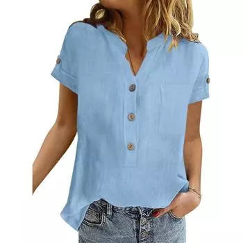Летняя простая рубашка из хлопка и льна в стиле ретро с карманами в стиле пэчворк для женщин, повседневная блузка с V-образным вырезом и коротким рукавом, однотонная блузка S белый