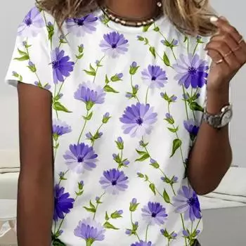 Летняя простая женская футболка с круглым вырезом стандартной посадки с цветочным принтом, повседневные топы с короткими рукавами, футболка в стиле Харадзюку, модная красивая футболка из полиэстера XS