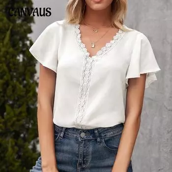 Летняя простая женская футболка с v-образным вырезом, повседневные свободные полые топы с короткими рукавами S белый