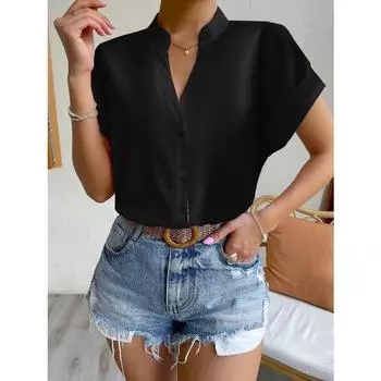 Летняя простая женская рубашка с v-образным вырезом S зелёный