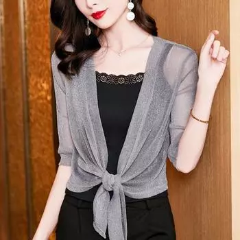 Летняя прозрачная блестящая рубашка, новая мода, элегантная женская рубашка с короткими рукавами и блестящей сеткой, короткое солнцезащитное пальто, шаль, кружевной кардиган, свободная куртка 884 M чёрный