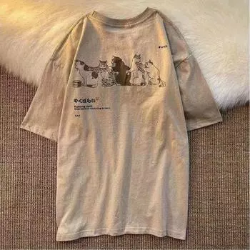 Летняя японская маленькая свежая футболка с короткими рукавами для мужчин и женщин, брендовая футболка для пары, ретро, с принтом кота, футболка с половиной рукава