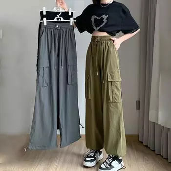 Летняя рабочая одежда Брюки-карго для женщин 2024 Новые быстросохнущие свободные брюки с высокой талией и широкими штанинами Повседневные брюки с карманами Простые брюки на шнурке 512 S чёрный