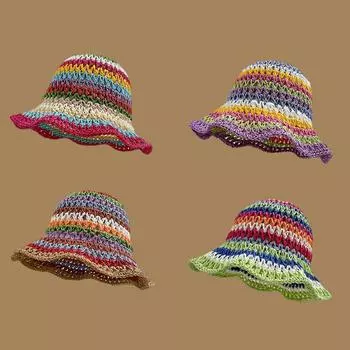 Летняя радужная полосатая шляпа-ведро для женщин, вязаная крючком пляжная шляпа рыбака, складная ручная работа, плетеная шляпа от солнца, женская панама оптом