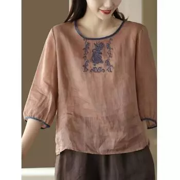 Летняя ретро-хлопковая льняная вышитая художественная цветная рубашка с круглым вырезом, пуловер, топ для женщин, блузки и рубашки M жёлтый