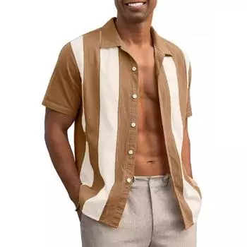 Летняя ретро контрастная полосатая лоскутная рубашка с короткими рукавами для мужчин, свободная повседневная рубашка с кубинским воротником, тенденция S хаки