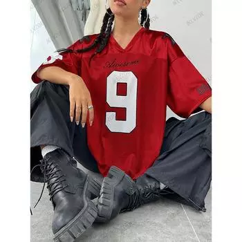 Летняя ретро-красная футболка с принтом в стиле пэчворк 9 для женщин с V-образным вырезом и коротким рукавом, спортивная футболка Y2K, свободные топы большого размера XS