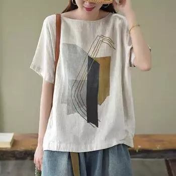 Летняя ретро повседневная хлопковая и льняная блузка с литературным принтом, свободная футболка с короткими рукавами и круглым вырезом XXXXL белый