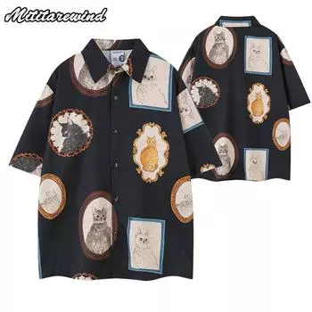 Летняя ретро-рубашка с принтом мультяшного кота в японском стиле для мужчин, повседневная свободная рубашка с коротким рукавом, блузки, свободная рубашка для мужчин L синий