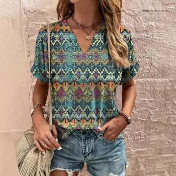 Летняя ретро женская футболка уличная мода V-образный вырез короткий рукав свободный размер повседневная женская одежда уличная съемка стиль Харадзюку S