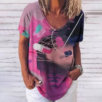 Летняя розовая футболка для женщин, модная, с принтом лица, V-образным вырезом, коротким рукавом, базовые топы, уличная одежда, повседневная, свободного покроя, женская одежда S