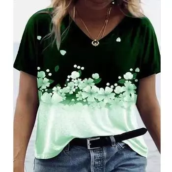 Летняя розово-зеленая футболка для пар XL-7XL, футболка больших размеров, женские топы с v-образным вырезом и короткими рукавами, повседневные футболки с 3D цветочным принтом XL зелёный