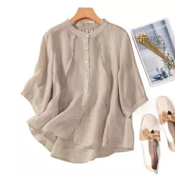 Летняя рубашка Art Retro Свободная однотонная рубашка с воротником-стойкой и коротким рукавом Женская рубашка Верх M хаки