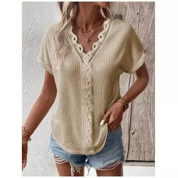 Летняя рубашка Белая футболка Повседневный топ с кружевными рукавами и короткими рукавами Однотонный свободный топ Blusas Однотонный повседневный топ с v-образным вырезом 28333 S синий