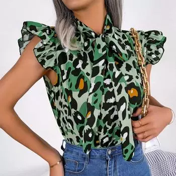 Летняя рубашка без рукавов, повседневная модная блузка с леопардовым принтом, милые шифоновые топы на шнуровке с бантом и воротником, женская свободная одежда 28622 S хаки