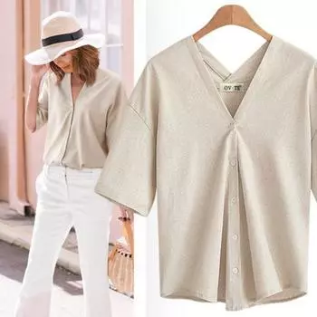 Летняя рубашка большого размера с V-образным вырезом и короткими рукавами, женская хлопковая и льняная свободная и тонкая блузка больших размеров, однотонные простые топы, повседневная одежда 3121 L белый